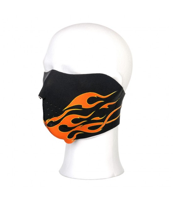 Demi masque motard Noir, décors Flammes oranges